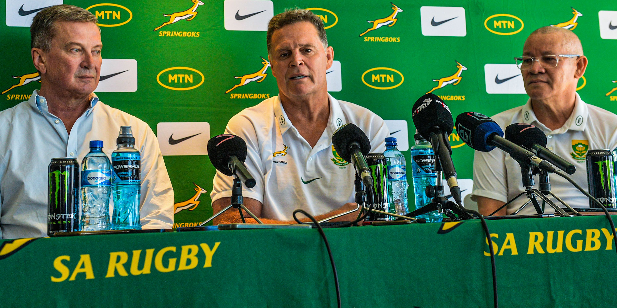 Rian Oberholzer, Rassie Erasmus and Charles Wessels address the media.