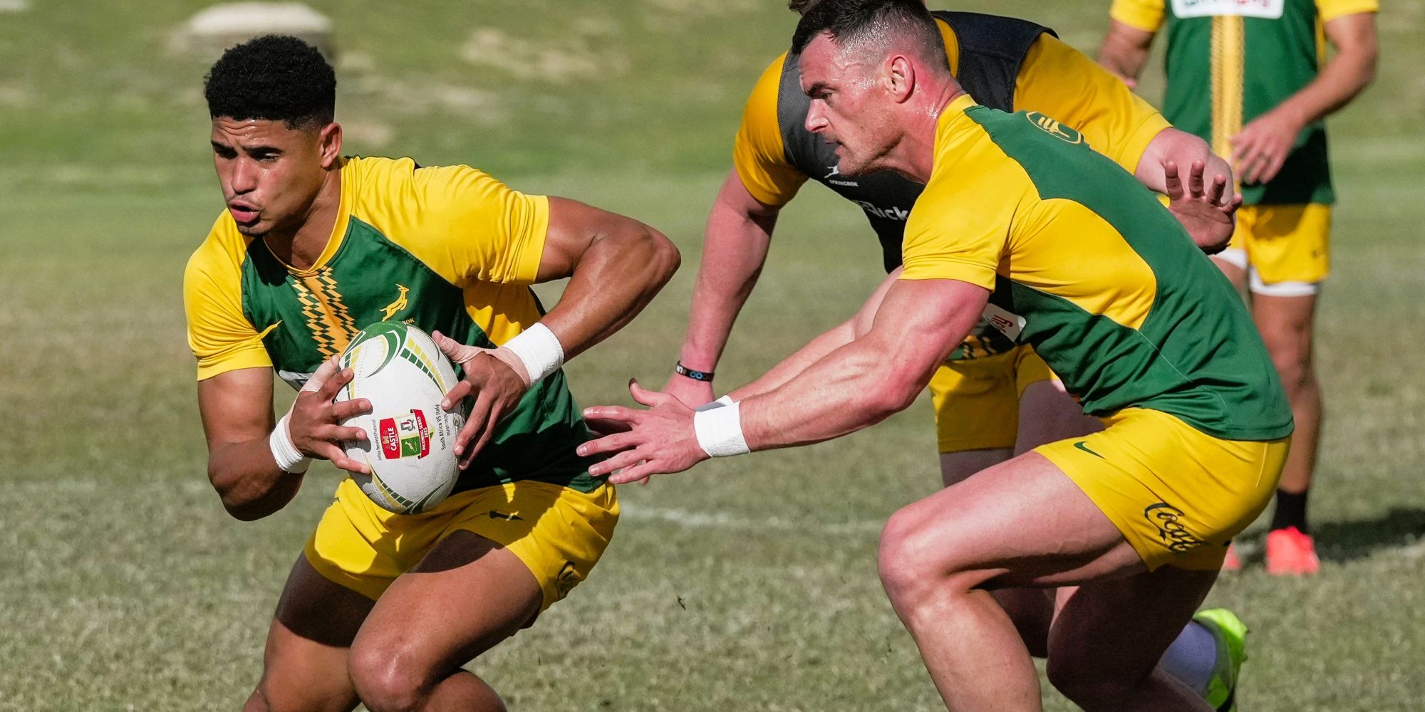 Sacha Feinberg-Mngomezulu and Jesse Kriel at Springbok training in Cape Town.