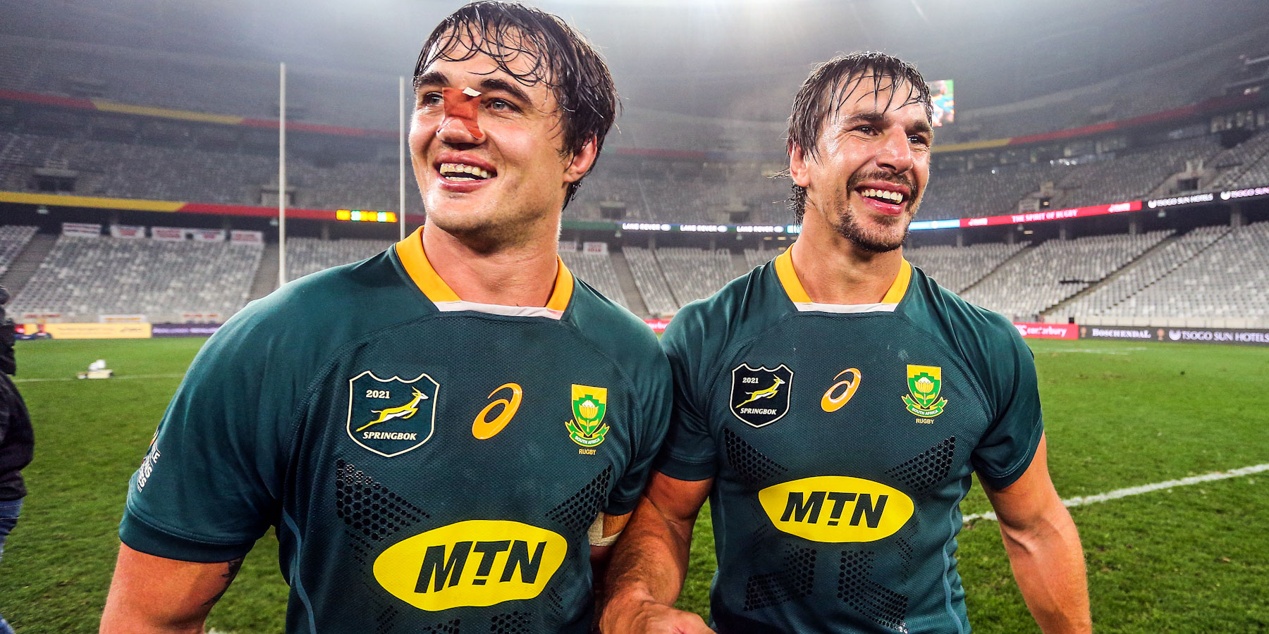 Franco Mostert and Eben Etzebeth after the series victory over the British & Irish Lions last year.