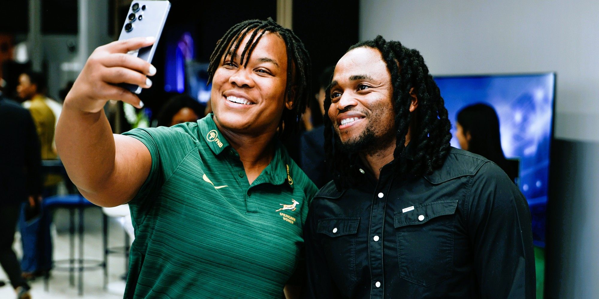 Babalwa Latsha with former Bafana Bafana star Simphiwe Tshabalala at the launch event in Johannesburg on Thursday.